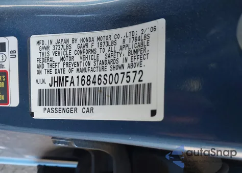 2006 Honda Civic Ex from USA, damaged, VIN JHMFA16846S007572